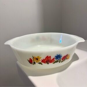 Vintage Glasbake Milk Glass Casserole Dish Summer Bright Flowers Retro Accent